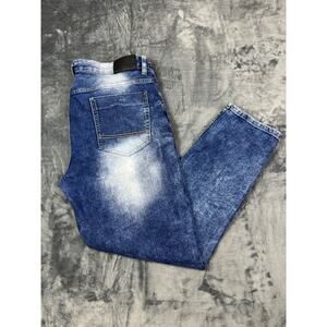 Southpole Men's Skinny Fit Moto Jeans 36x29 Blue Acid Wash Distressed‎ Biker Y2K